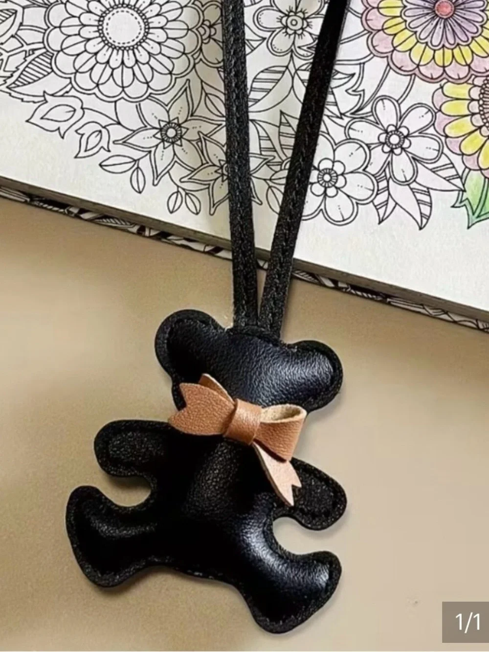 Black Teddy Bear Faux Leather Bag Charm with Tan Bow